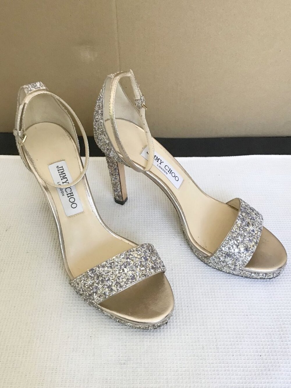 JIMMY CHOO Misty Metallic Glitter Sandal in Champagne, size 38 (US 8), Imperfect - Picture 2 of 16